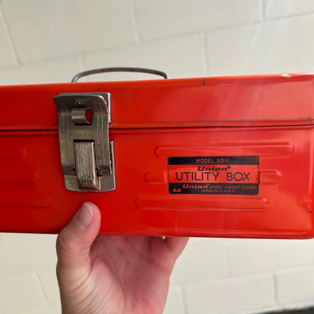 Vintage Bright Orange Union Steel Utility Box Tool Box Metal Tackle Box